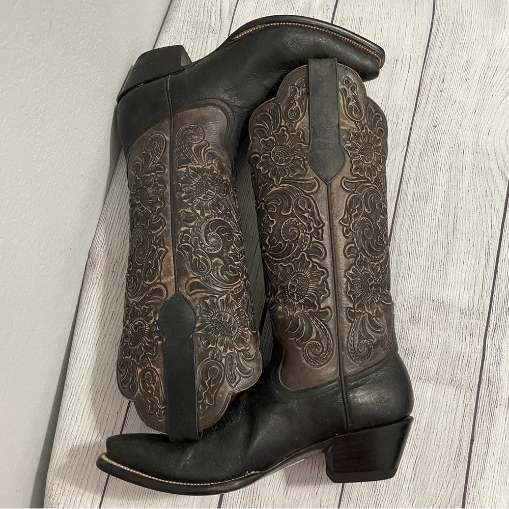 Leddy Vaquero Boots Western Tall Tooled Leather Black Dress Dancing Womens 9 B - Picture 6 of 12